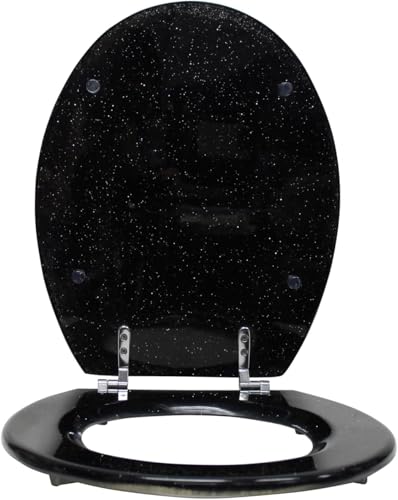 Yorkshire Homeware 18 Universal Soft Close Toilet Seat with Hinges | Oval Black MDF Glitter Coating