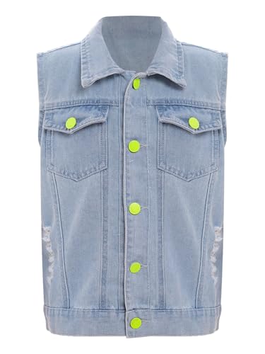JanJean Kids Girls Denim Vest Turn-Down Denim Waistcoat Outerwear Sleeveless Jeans Jacket Tops Casual Wear