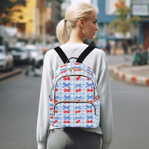 Image of ALAZA Cherry Blue Bow Plaid Women Backpack Purse Ladies Fashion Shoulder Bag Daypack Travel Bag 7.5L