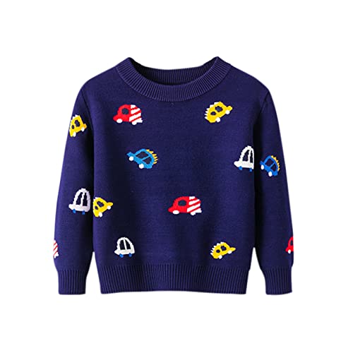 Toddler Boys Girls Cartoon Cars Prints Sweater Long Sleeve Warm Knitted Pullover Knitwear Tops (Dark Blue, 3-4 Years)