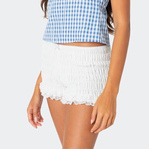 Women Y2k Smocked Boy Shorts Elastic Waist Pajama Shorts Cute Sexy Ruched Lace Frill Ruffle Micro Shorts3