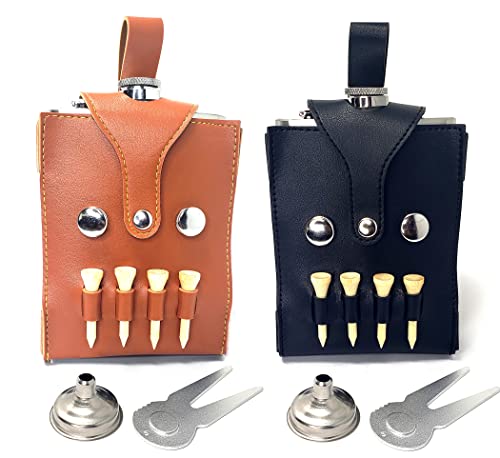 1 Black + 1 Tan 8 oz Golf Flasks Stainless Steel | Screw Cap Fits to Hip or Pocket + Funnel + 4 Golf Tees + Divot Tool by NPGD (2)