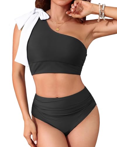 Tempt Me Women Black High Waisted Bikini Sets - Two Piece Swimsuits One Shoulder Bathing Suit With Full Coverage Bottom M cover