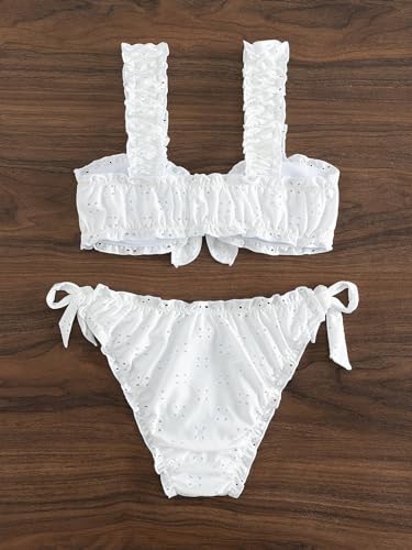 SHENHE Women's 2 Piece Cute Ruffle Swimsuit Knot Front Eyelet Tie Side Cut Bikini Set2