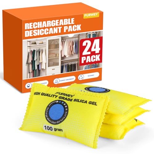 Image of FURWEY 24 Pack Rechargeable Desiccant Packs for Storage, 100g Each, Yellow