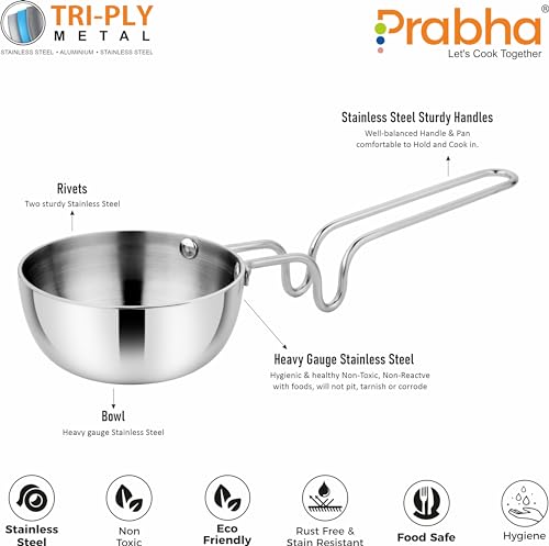 Image of Prabha Tadka Pan Stainless Steel 12.5cm Tadka Pan 550ml | Small Tri-ply Tadka Pans Gas & Induction Base | Kitchen TadkaPan with Handle | Chowka Pan Cooking, Frying Dal /Spices-Silver