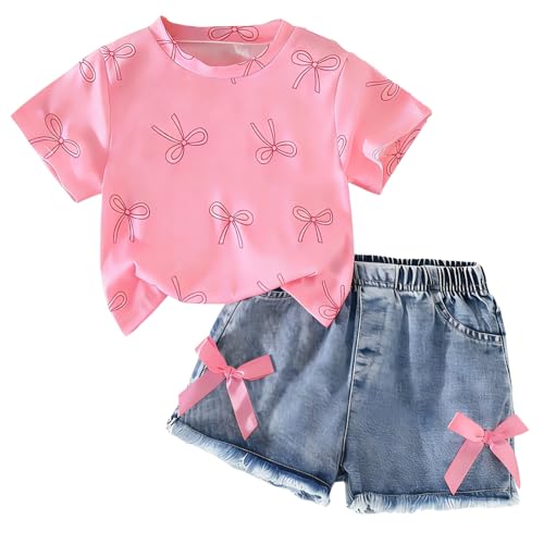 Image of Azmxynol Kid Girls Clothes Outfits Bowknot T-Shirt + 2 In 1 Denim Short Skort Summer Clothing Set, Size 4-10 Years
