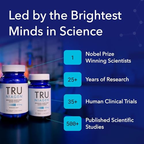 Tru Niagen Suplemento NAD+ de ribósido de nicotinamida, para reducir el cansancio y la fatiga, fórmula patentada, 90 unidades, 300 mg por porción (3 meses / 1 frasco)