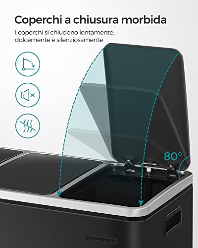 SONGMICS Cestino da Cucina, Pattumiera per Raccolta Differenziata 3 x 18L, 3 Scomparti per Riciclaggio, Coperchi a Chiusura Morbida, Pedali, Acciaio, Nero Inchiostro LTB54BK - Immagine 4