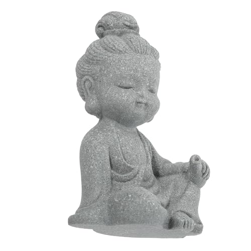CORHAD Estatua de Buda de Resina Gris Piedra, Figura Artesanal Pequeña para Escritorio, Adorno Decorativo Budista para Hogar y Jardín, Escultura de Escritorio Fácil de Limpiar