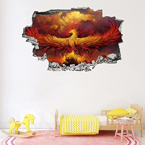 Phoenix 3D Wall Decor Stickers Animal Wall Stickers 3D Smashed Wall Mural Decals Abstract Art Wall Vinyl Art Family For Kids Bedroom Living Room Nursery Home Wall Décor 43"W X 28"H #TOP1