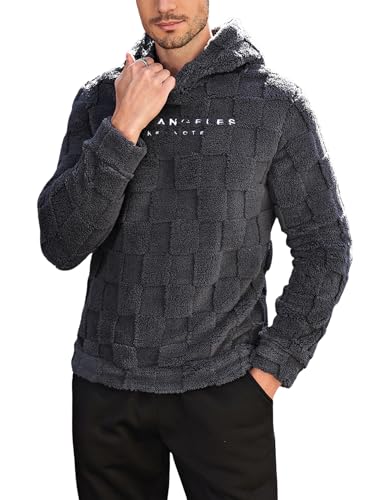 SOLY HUX Hoodies for Men Graphic Fuzzy Sherpa Pullover Hoodie Long Sleeve Winter Fleece Hooded Sweatshirt Dark Grey Medium