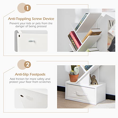 COSTWAY Tree Bookshelf, 10-Tiers Floor Standing Wooden Bookcase Storage Shelving Unit, Narrow Magazine Book Display Rack for Living Room, Bedroom and Office (White, with Drawer) - Image 7