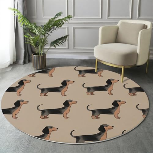 Tapis de salon lavable et antidérapant beige et gris motif teckel 120cm
