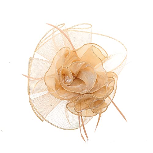 Bubbmi Lady Flower Fascinators Hats With Headband And Clips，Organza Vintage Derby Hat Cocktail Tea Party Headwear For Girls (B Gold) #TOP5