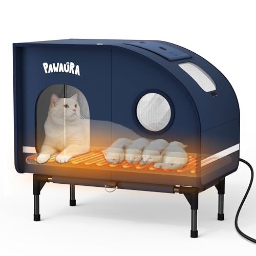 PAWAURA Weatherproof Heated Cat House for Outdoor Cats, Thickly Insulated Camper-Style Shelter with Thermostatic Heating Pad, Elevated Base & Skylight (Dark Blue, Large)