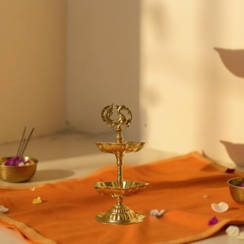 Image of Handcrafted Double Brass Diya with Peacock Design | Traditional Brass Oil Lamp for Puja, Temple & Home Decoration | Antique Finish Deepak for Festivals (Double Diya)