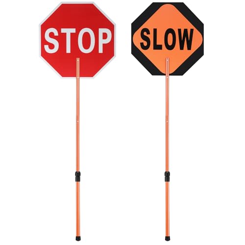 Kanayu 1 Pcs 18x18 Inch Double Sided Stop/Slow Paddle Signs Reflective Stop Slow Sign Flagger with Telescopic Pole Handheld Crossing Guard Paddle for Road Traffic Construction (Yellow,78 Inches)