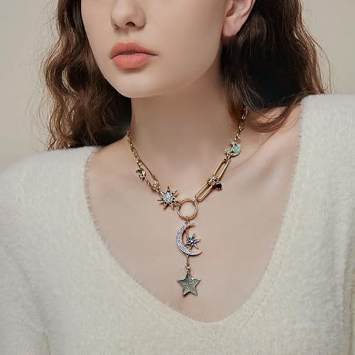 Boho Necklace Gold Plated Charm Paperclip Star Jewelry, Gold-Tone Moon and Star Long Necklace for Women Free People Jewelry3