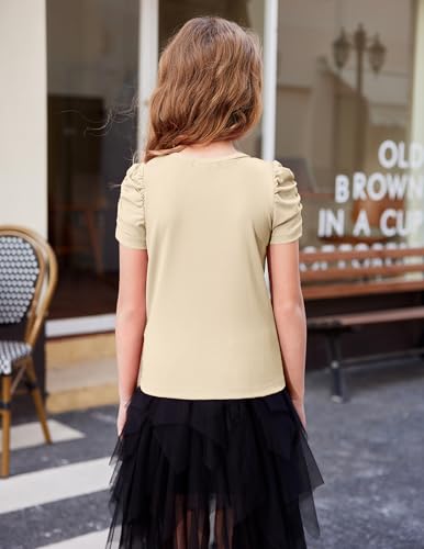 Image of Arshiner Girls Puff Short Sleeve Shirts Summer Ribbed Knit Crewneck T Shirt Tops Tee Blouse