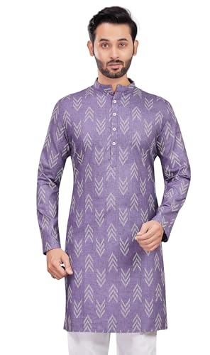 Studio Shringaar Men's Cotton Blend Relaxed Fit Ikat Printed Knee Length Kurta(M119, Lavender, XL)