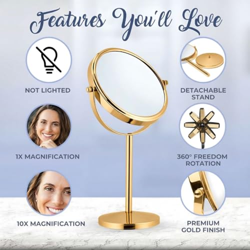 MIRRORVANA 10X Magnifying Makeup Mirror on Round Stand for Tabletop, Bedroom Vanity Desk and Bathroom Counter - Free Standing Double Sided 10X/1X Magnification Mirror - 7" Wide and 14" Tall (Gold) by MIRRORVANA - Image 3