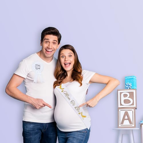 Man Behind The Bump Funny Baby Shower Button for Daddy to Be | Party Decorations Gifts Supplies Fun Dad to Be Ribbon Badge Gender Reveal Ideas New Father Favors Pin Boy Girl Pins Gift — view 3