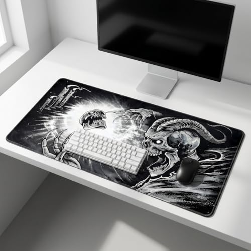 Image of Dark Skull Extended Desk Mat 458 x 915 mm | Premium Desk Mat with Stitched Edges | 3mm Thick Non-Slip Desk Pad for Gaming, Office & Workstation