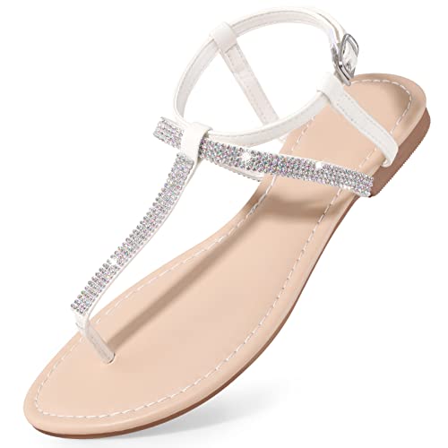 KELISI Women's Summer Dressy Sandals Rhinestone T-Strap Flat Glitter Comfortable Slides Sandals for Women Ladies Fashion Shoes White