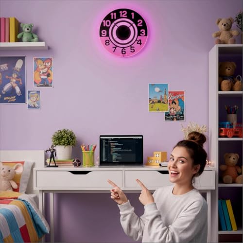 Image of 12 Inch Acrylic Modern Neon Wall Clock with LED Backlight | Night Lamp Neon Clock with Clear Visible Numbers for Home,Bedroom,Office Decor | Light Off Show Black Numbers New (Pink)