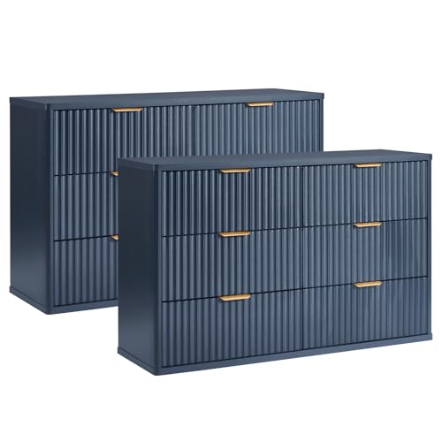 LEYAOYAO Fluted 6 Drawers Dresser Set of 2, 48" Wide Modern Chest of Drawers with Metal Handle, Navy Blue Curved Profile Dresser TV Stand, Wooden Drawer Organizer for Bedroom, Living Room, Hallway