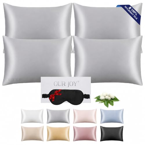 100% Mulberry Silk Pillowcase 22 Momme (SGS Certified) with Free Silk Eye Mask - Luxury Gift-Ready Folded Packaging, Cooling Pillow Cover for Hair & Skin Care (Silver Gray, Standard (4 Pack))