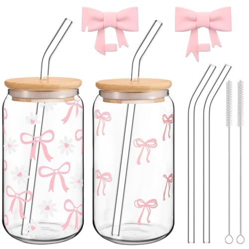 Exquilnova 16OZ Pink Bow Glass Tumblers with Lids and Straws - 2PCS 500ml Iced Coffee Cups with Brushes, Adorable Glass Drinkware for Tea, Coffee, Juice, Gifts for Women and Girls (Sunflower & Pink Bow)