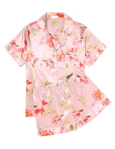 Image of Ekouaer Womens Silk Satin Pajama Sets Soft Short Sleeve Button Down Sleepwear Top and Shorts 2 Piece Pjs Lounge Set
