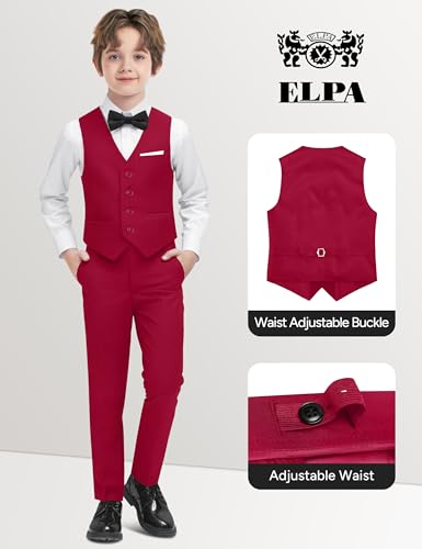 Image of Boys Red Suit 5 Pieces Slim Fit Kids Formal Tuxedo Suit Set for Wedding Ring Bearer, Easter, First Communion, Confirmation, Graduation Little Boys Size 7