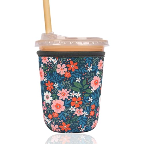 Image of Reusable Insulated Sleeve for Iced Coffee Cup, Coffee Neoprene Sleeve for Cold & Hot Drinks, Beverage Holder for Iced Coffee (Bloom Garden, Small: 16-18oz)