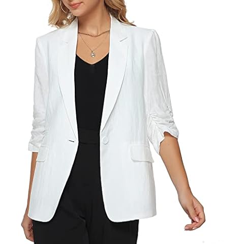 Women’s Casual Linen Blazers Notched Lapel 3/4 Sleeve Single Vent Open Front Half Lined Work Office Suit Jackets Cover