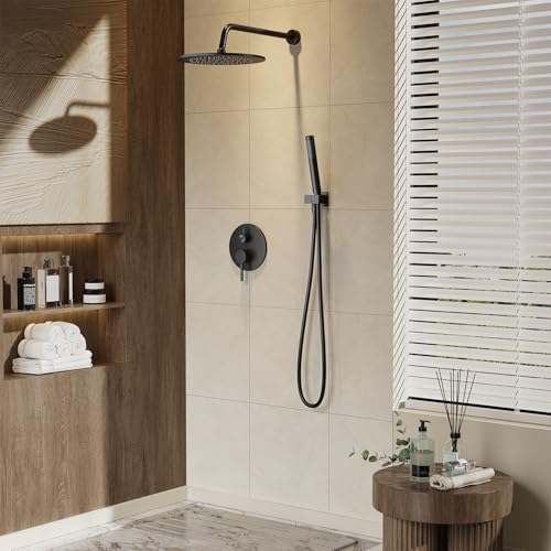 Image of Gabrylly Black Shower Faucet Set, Wall Mounted System with Shower Valve, High Pressure 10 inch Rain Shower head with Handheld Spray Combo, 2 Way Rainfall Shower Fixtures, Matte Black