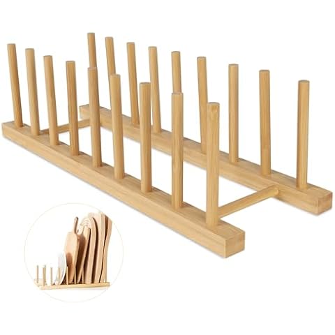 SAMEBUTECO Bamboo Wooden Dish Racks Plate Stand Holder Kitchen Cabinet Organizer 8 Slots Dish, Pots, Lids, Bowls, Cups, and Cutting Boards and Books Vertical Drainer Cover