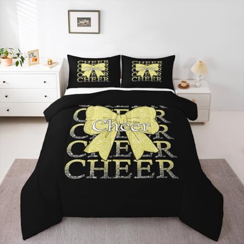 Image of Feelyou Cheer Bow Comforter Set All Season Cheerleader Bedding Set with 2 Pillow Cases Funny Sport Microfiber Kids Queen Bedclothes Yellow Bedroom Decor Duvet Quilt Breathable Soft Lightweight