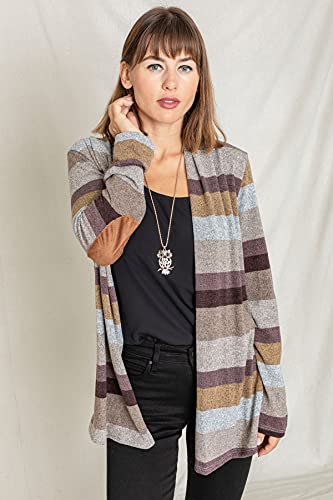 Image of Eloges Women's Multi Stripe Soft Knit Open Cardigan with Suede Elbow Patch
