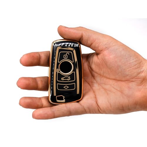 Image of KMH - TPU Gold Car Key Cover Compatible with BMW Push Button Smart Key with Key Chain BMW Series 1 3 4 5 6 7 and X3 X4 M5 M6 GT3 GT5 (Black)