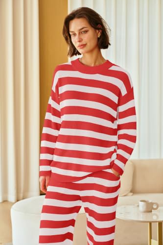 Image of SENSERISE Womens Striped Set Sweater Lounge Sets | Pajamas Set, Loungewear Set, Oversized Knit Sweater, Wide Leg Pants with Pockets, Fall Outfits, Pants Set