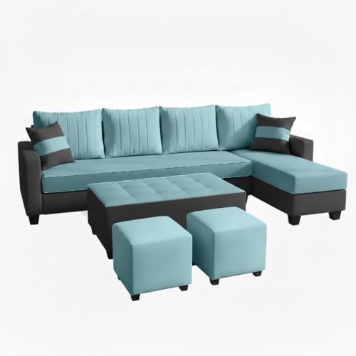 Image of FURNY Avenue 8 Seater Fabric RHS L Shape Sofa Set with 1 Centre Table & 2 Puffy (Sky Blue-Dark Grey) Premium Velvet Finish