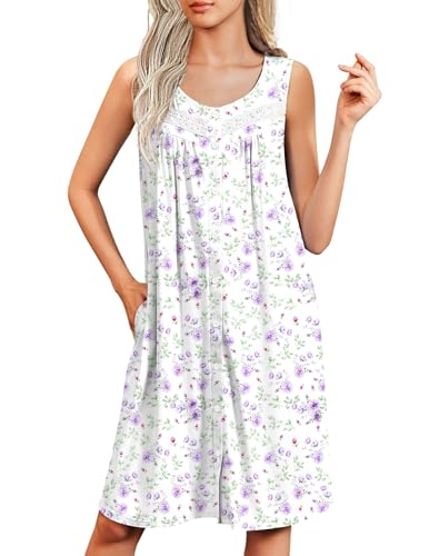 Image of Ekouaer Nightgowns for Women Button Up Sleepshirt Tank Sleeveless Nightshirt Soft Sleepwear with Pockets S-XXXL