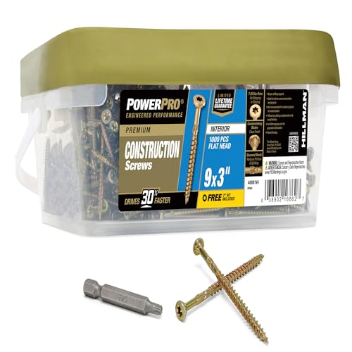 Power Pro 48881 Tornillos para madera, tamaño 9 x 3 pulgadas, Premium Star Drive para gabinetes interiores, Zinc amarillo dorado, 1000 piezas