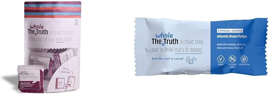 The Whole Truth - Mini Protein Bars - Double Cocoa- Pack of 8- & The Whole Truth - Energy Bars | Almond Choco Fudge | Pack of 6 x 40g