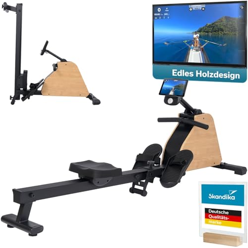 Skandika Rudergerät für Zuhause klappbar Treliv P6 | Rudergeräte Krafttraining, Rahmen aus Eisen, MDF Holz Design, Magnetbremse, 16 Stufen, 20 Programme, Bluetooth & Kinomap App kompatibel, bis 120 kg