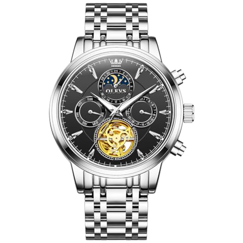 Image of OLEVS Men Automatic Skeleton Watch - Luxury Stainless Steel Calendar Moon Phase Mechanical Dress Wrist Watch with Luminous, Waterproof Self-Wind (Gold /Silver /Blue /Black)