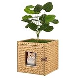 unipaws Cat Litter Box Enclosure with Faux Plant and Litter Mat, Hidden Handwoven Rattan Planter Cat House Furniture, DIY Decoration on Square Top by Yourself, for Living Room, Bedroom, Corner